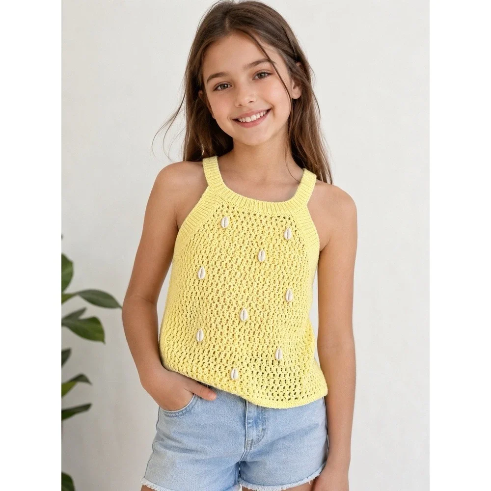 ZARA Girls Yellow Crochet Knit Top Shell Accents 100% Cotton NWT 11-12Y